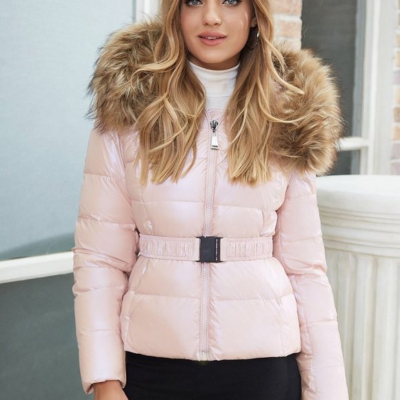 . Jackets & Blazers - Baby Pink Casual Womens Fuzzy Trim Hooded Belted Puffer Coat